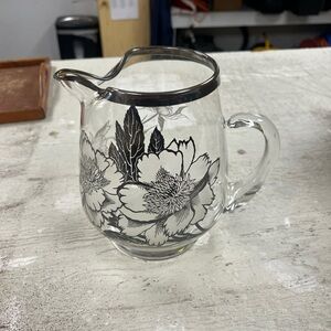 *****Vintage Pitcher Sterling Silver Rim & Flowers Glass Art Deco 50s style****